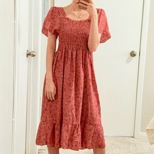 #059 | S/M | Floral Smocked Short Sleeve Ruffle Tiered Midi Dress | Red